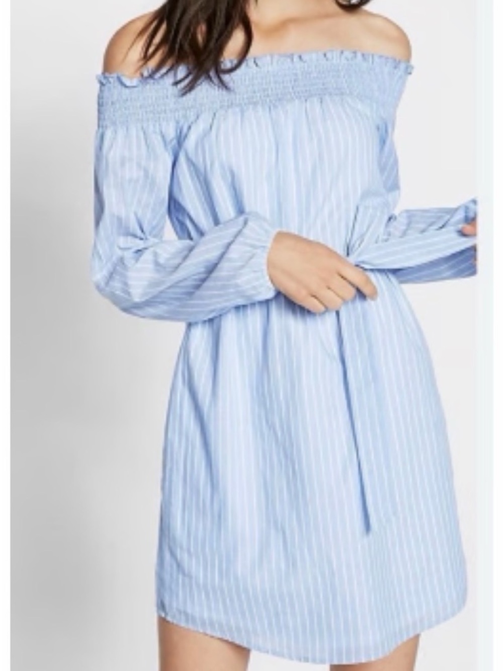 Express Light Blue and White Pinstripe Off-Shoulder Dress S/P